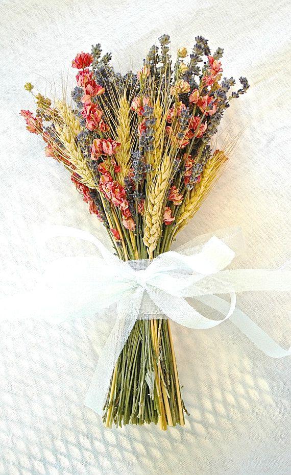 Mariage - Golden Summer Fall Wedding Bridesmaid Bouquet Of Lavender Coral Peach Larkspur And Wheat