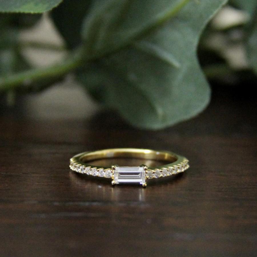 زفاف - 0.55 ct.tw Gold Solitaire Engagement Band Ring-Baguette Cut Diamond Simulants-Stackable Ring-Everday Ring-Solid Sterling Silver [82350GD]
