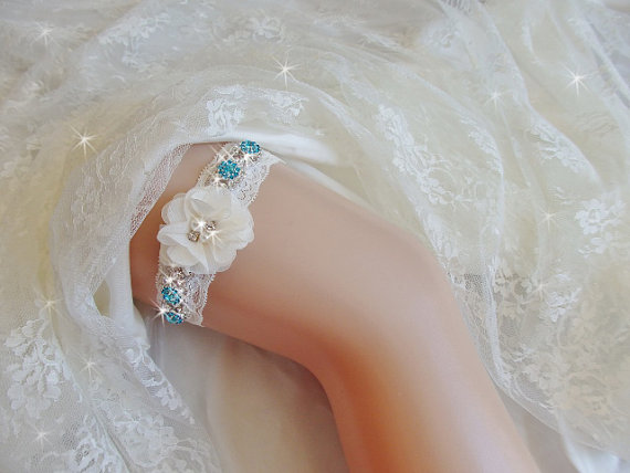 Hochzeit - Something Blue Wedding Garter with Aqua Accents, Lace Bridal Garter, Bling Bridal Lingerie, Rhinestone Garter with Beads, Bridal Accessories