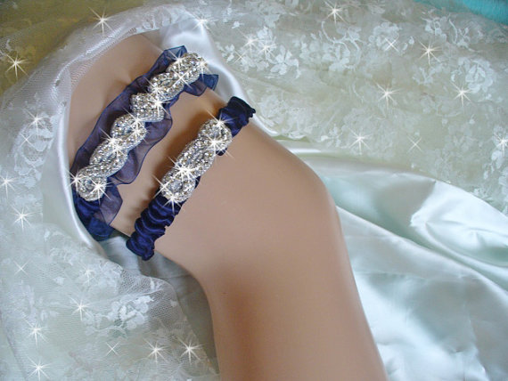 Mariage - Organza Wedding Garter in Navy Blue with Toss Garter, Available in 14 other colors, Something Blue Garter, Bling Bridal Garter, Garder Set