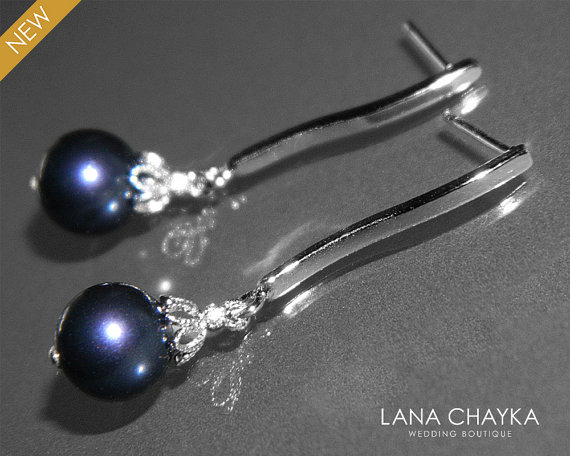 Hochzeit - Navy Blue Pearl Earrings Swarovski 8mm Night Blue Pearl Silver Earrings Dark Blue Pearl Drop Dangle Earrings Bridesmaids Blue Pearl Jewelry