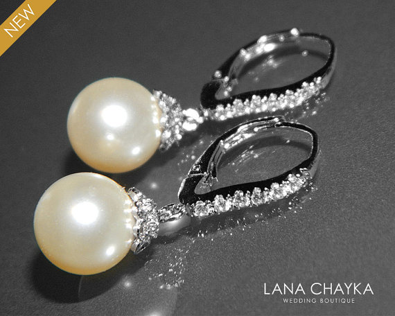 Hochzeit - Ivory Pearl Bridal Earrings Pearl CZ Leverback Wedding Earrings Swarovski 10mm Pearl Silver Earrings Bridal Pearl Drop Earrings