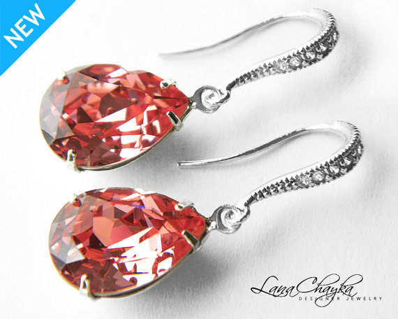 Mariage - Rose Peach Coral Crystal Earrings Rose Peach CZ Sterling Silver Earrings Swarovski Rhinestone Teardrop Earrings Bridesmaid Gift Jewelry