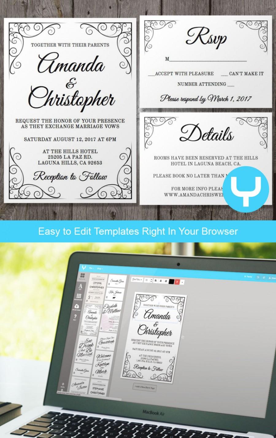 Hochzeit - Vintage Printable Wedding Invitation + RSVP Template - You Change Color and Text and Print - Easy to use web app to edit!