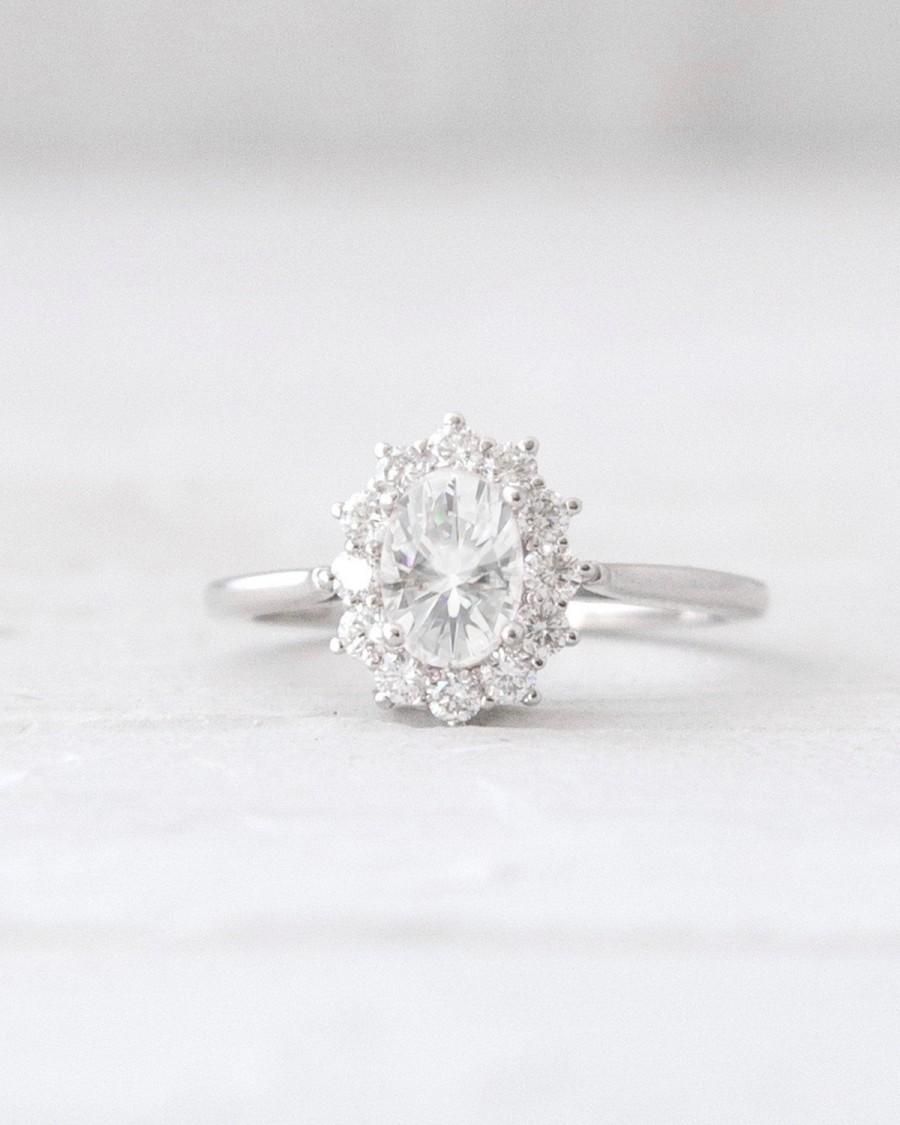 Wedding - Forever One Oval Moissanite and Diamond Cluster Halo Setting Engagement Ring 14K White Yellow Rose Gold Bridal Jewelry