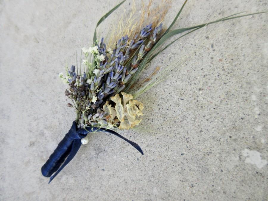 زفاف - Natural Dried Boutonniere - Wild River Boutonniere - Lavender, Cones, Baby's Breath & Ornamental Grasses