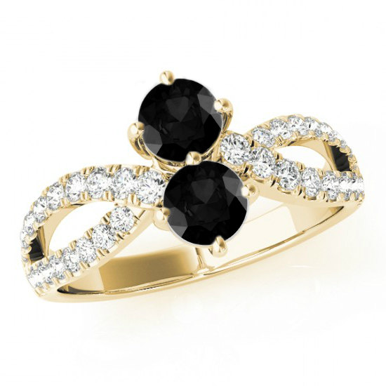 Wedding - Black Diamond & White Diamond Split Shank Ring 14k Yellow or White Gold- Engagement Rings - Promise Rings, Black Diamond Jewelry Anniversary