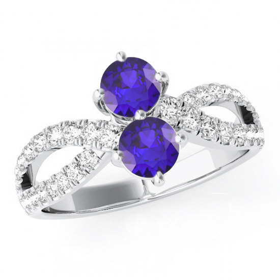 زفاف - Two Stone Double Tanzanite & Diamond Split Shank Ring 14k White Gold- Engagement Rings - Promise Rings, Tanzanite Jewelry  - Tanzanite Rings