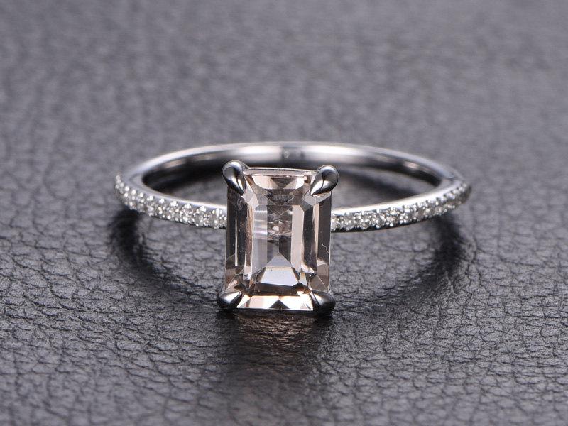 Свадьба - Emerald Cut Morganite Ring Morganite Engagement Ring Emerald Cut Engagement Ring Diamond Pave Ring Thin Pave Band Valentine Gift for Her