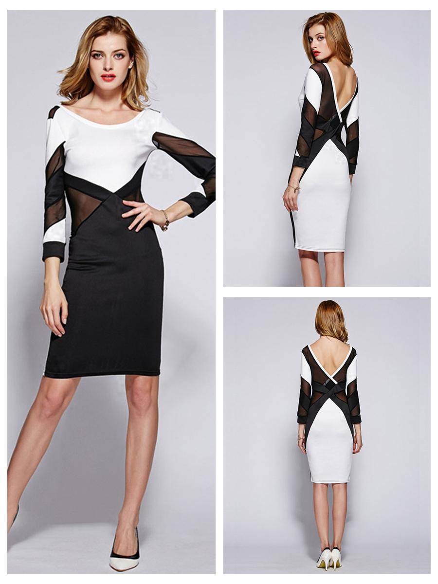 زفاف - Black & White Color-Block Long Sleeves Sheath Dress