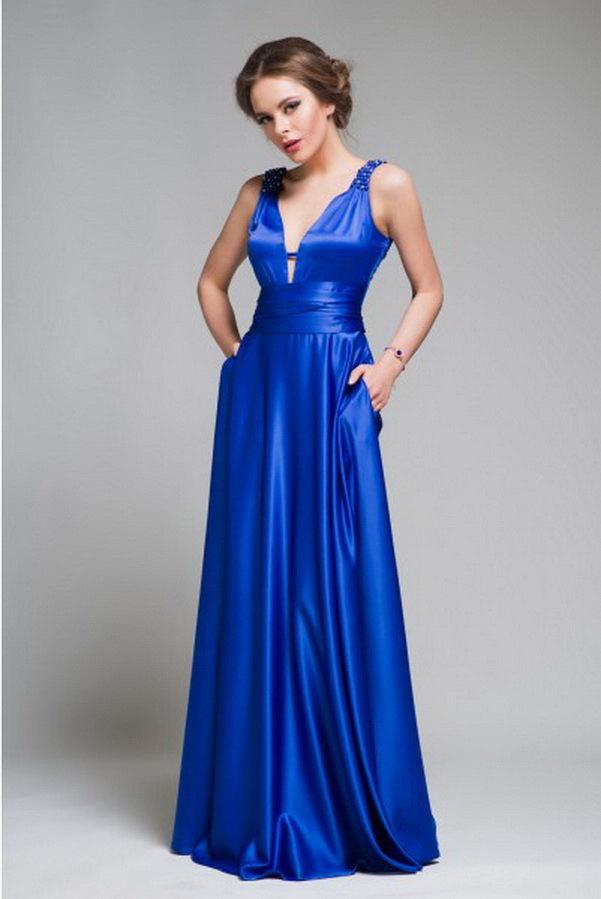 Long Evening Dress Cobalt Blue Satin Gown Floor Length Flared Maxi Dress Bridesmaid Blue