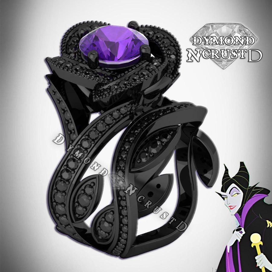 Mariage - Maleficent  Inspired Rose Flower Style Amethyst & Black Swarovski Diamonds Black Rhodium or Black Gold Bridal Engagement Set