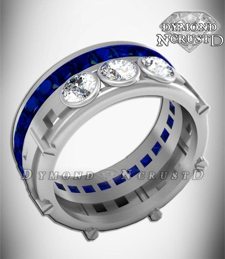 Hochzeit - Men's R2D2 Droid Inspired Sapphire Swarovski  & White Swarovski Diamond Wedding Band