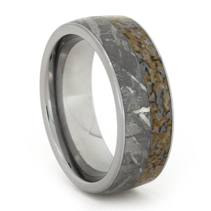 Hochzeit - Meteorite and Dinosaur Bone Ring, Tungsten Carbie Wedding Band For Men