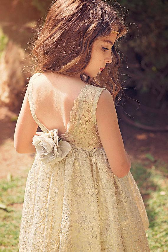 Mariage - Flower Girl dress, Gold Flower Girl dress, Gold Lace Flower Girl Dress,Wedding Dress