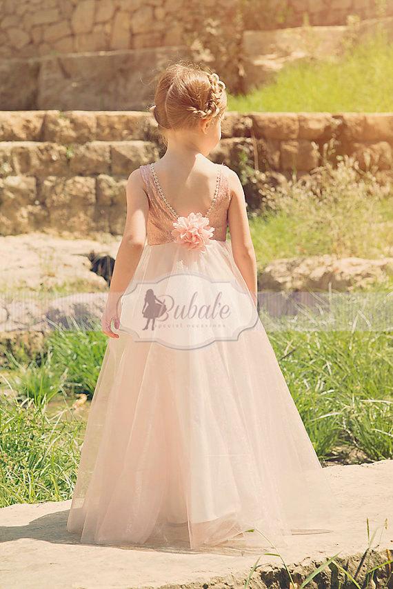 زفاف - Flower Girl dress, Blush Pink Sequin Flower Girl dress With Tulle, Special Occasion ,Floor Length Girls Dress, Wedding Dress, Holiday Dress
