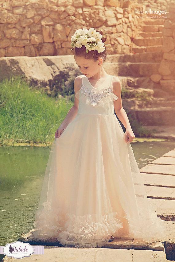 Свадьба - Flower Girl Tulle Dress, Baby Girl Long Champagne Gown, Ruffle Tulle flower girl Dress, Champagne Wedding, Junior Bridesmaid Dress