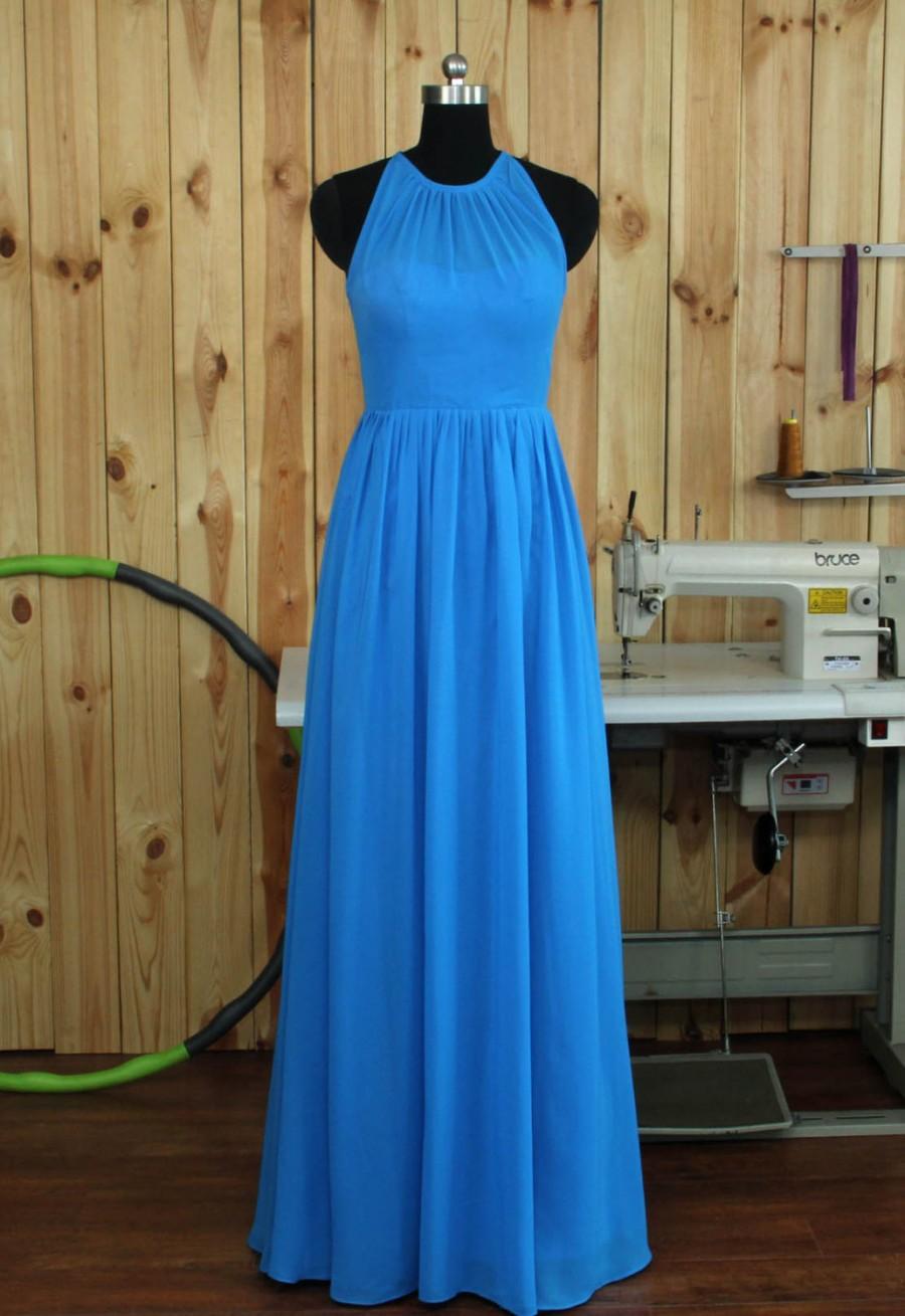 زفاف - 2016 Blue Bridesmaid Dress, Halter Wedding Dress Chiffon Evening Dress, Halter Sheer Neck Prom Dress, Wedding Party Dress