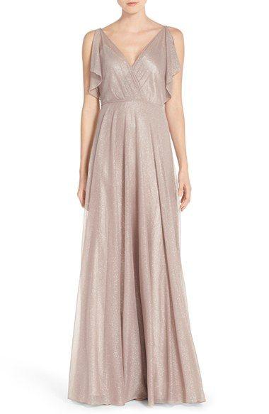زفاف - 'Cassie' V-Neck Flutter Sleeve Shimmer Gown