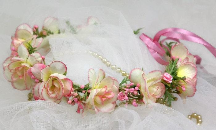 Hochzeit - Flower Crown Pink Headband Floral Crown Pink  Wedding Crown Bridal Head Piece Flower Headdress  Pink Bridal Flower Crown