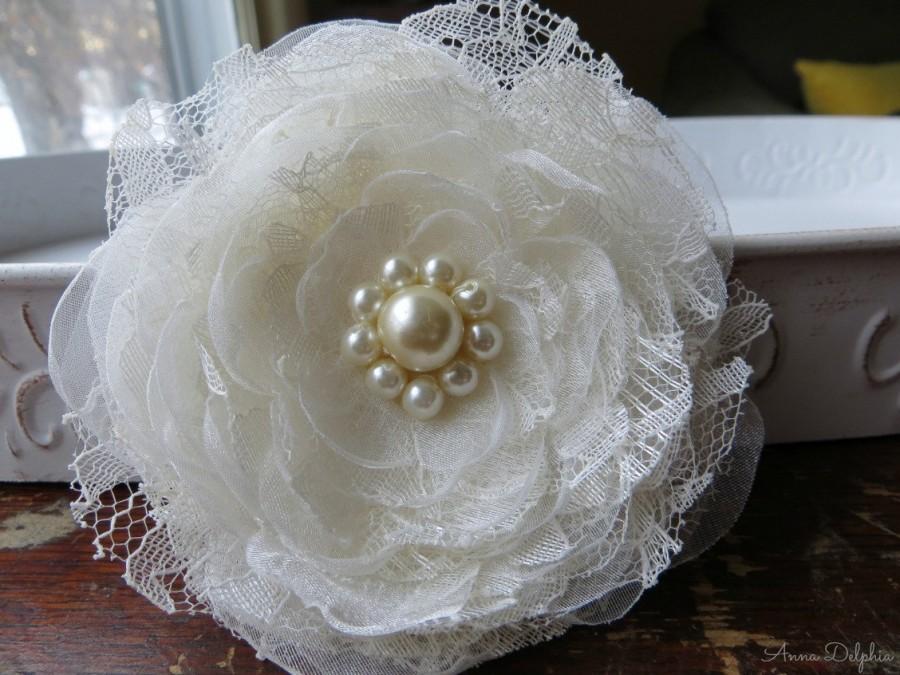 Свадьба - Wedding Hair Flower, Ivory Lace & Ivory Organza Shabby Chic Vintage Inspired Hair Flower,"Anna", Bridal Accessory