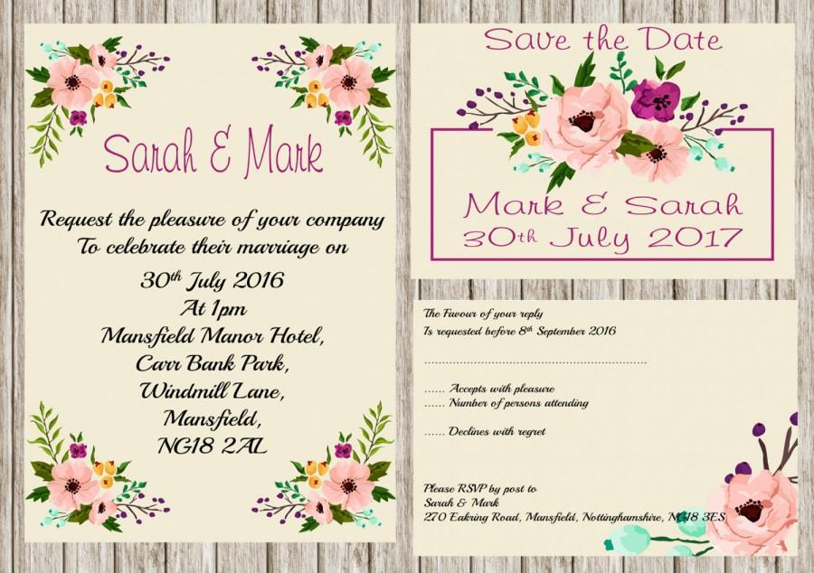 Wedding - Floral invitation, Printable wedding invitation set, Floral wedding invites, save the date, Rsvp, print your own, DIY invitations,