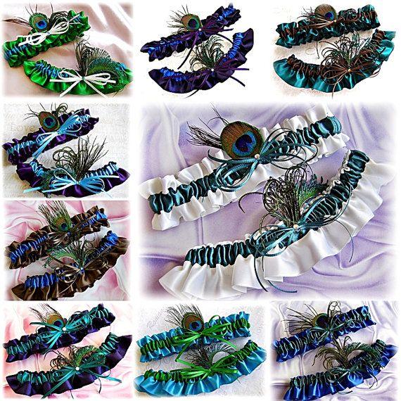 Свадьба - Peacock Feathers Wedding Bridal Garter Set, Satin Garters, Custom Colors