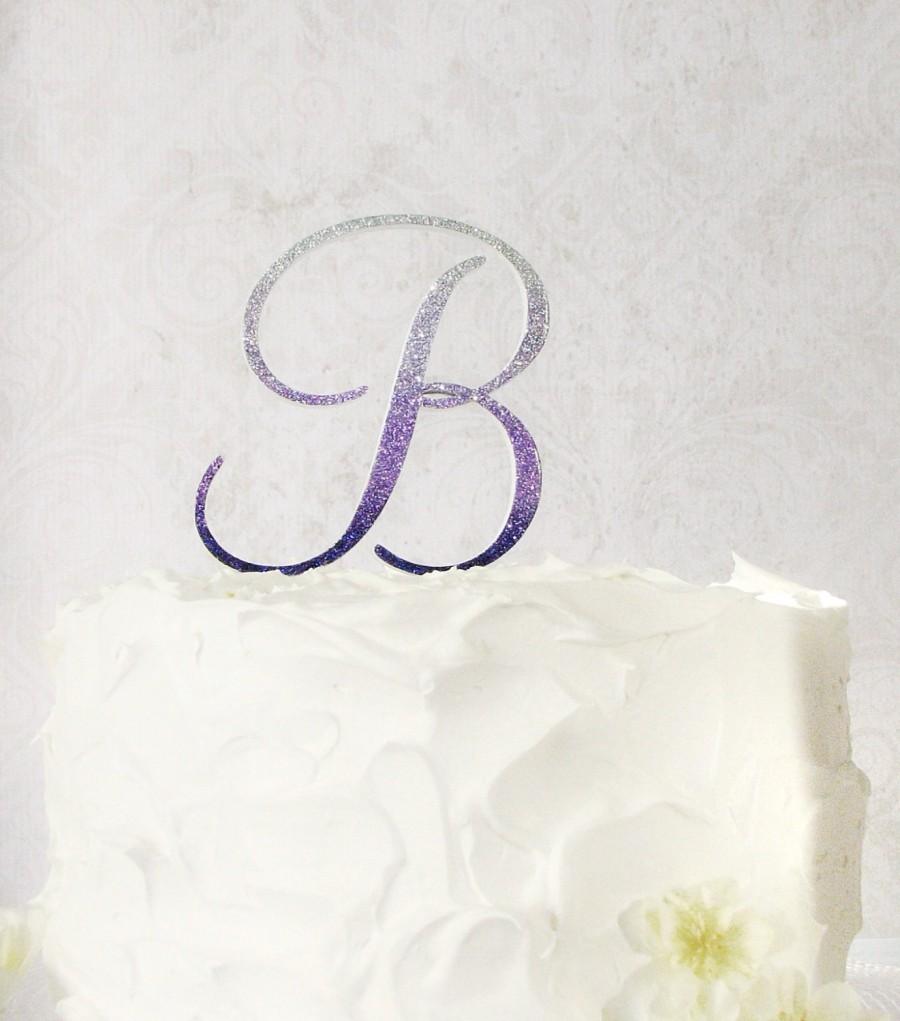 Wedding - 5" monogram wedding cake topper, ombre cake topper, initial cake topper, purple wedding, glitter cake topper, lavender wedding, cursive
