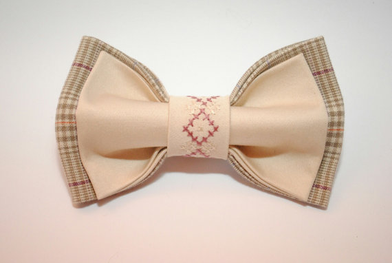 Wedding - Men's bow ties Beige plaid bow tie with embroidery Unique gift for men Elegant bow tie for men Designed by Accessories482 As bro Birthday