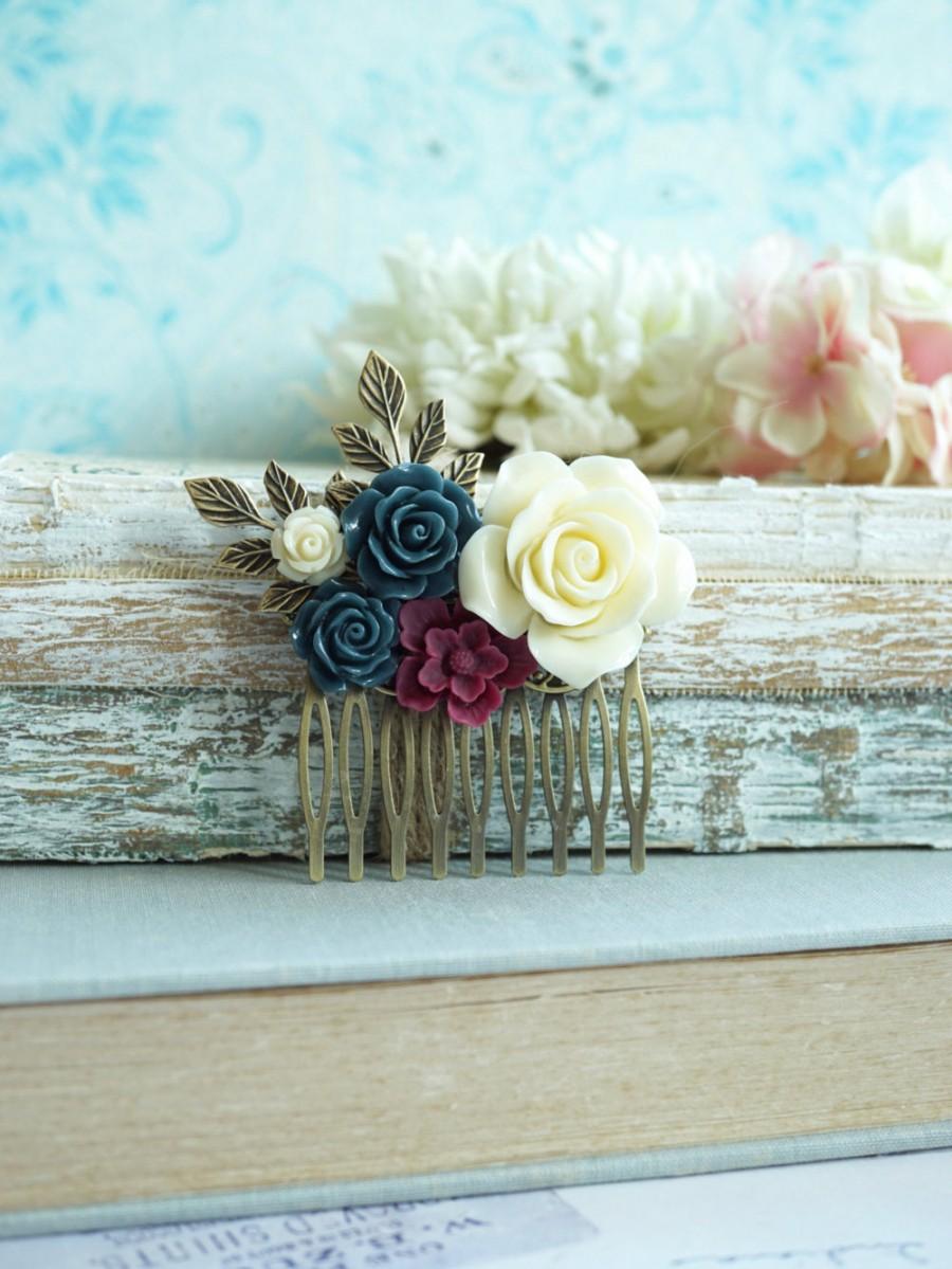 Mariage - Bridal Comb Ivory Rose Navy Blue Leaf Comb Cranberry Maroon Unique Flower Comb Vintage Rustic Blue Ivory Wedding Burgundy Bridesmaid Gift