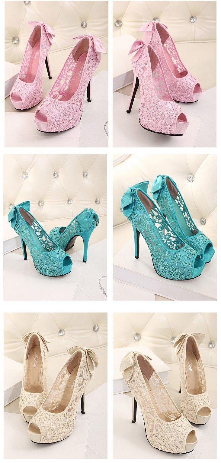 Свадьба - Sweet Bow Platform High Heels Lace Flower Wedding Shoes