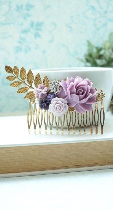 زفاف - Lavender Rose Large Comb, Large Gold Comb, Large Leaf Comb, Vintage Inspired Lilac Comb, Bridal Comb, Purple Wedding Comb, Purple Gold Comb