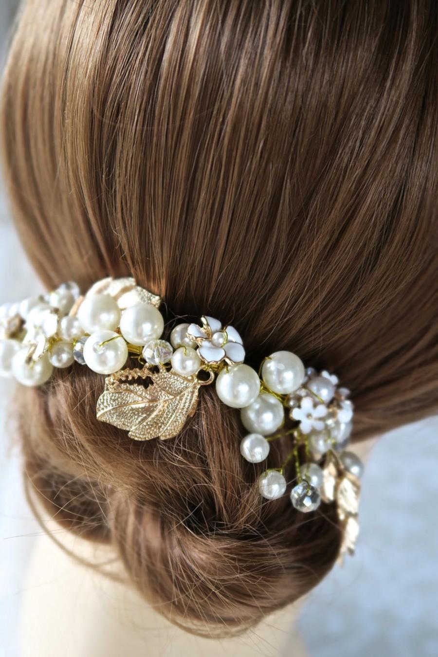 Mariage - Bridal headband, Gold headpiece, Wedding hair accessories,pearls and gold hairpiece, Bridal headpiece Wedding hair vine bridal band