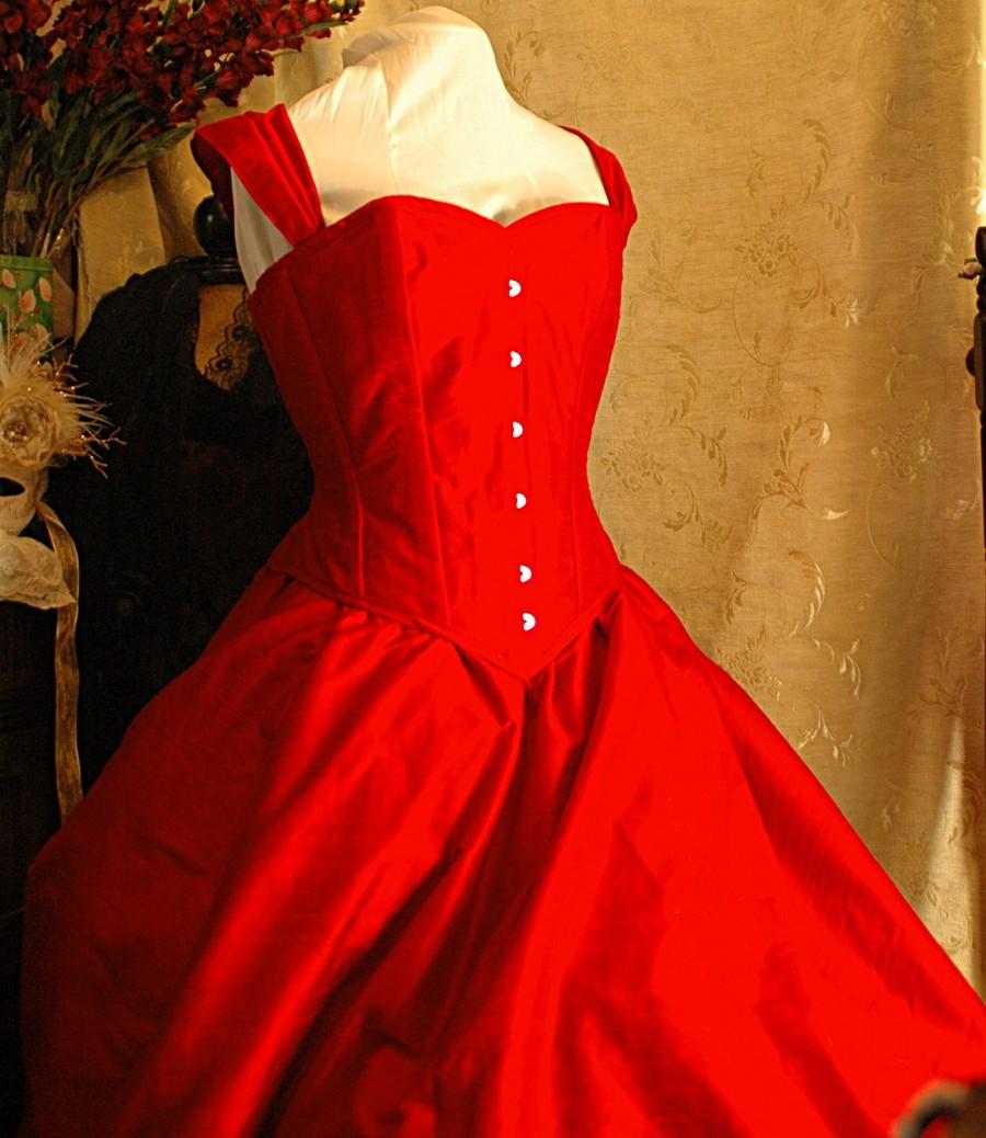 زفاف - Scarlett - 100% raw silk scarlet corset gown with detachable strap/sleeves