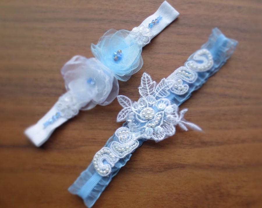 Hochzeit - MY SOMETHING BLUE Wedding garter /Powder Blue Floral Bridal garter with crystals/ Blue ruffles wedding garter with floral lace accents