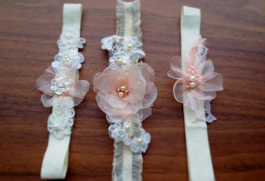 Wedding - BLUSHING BRIDE wedding garter set- Ivory and peach, floral lace, keepsake and toss garters with pearl, crystal and sequin accents