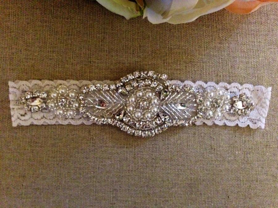 Hochzeit - Wedding Garter - Bridal Garter - Crystal Rhinestone Garter on Ivory Lace