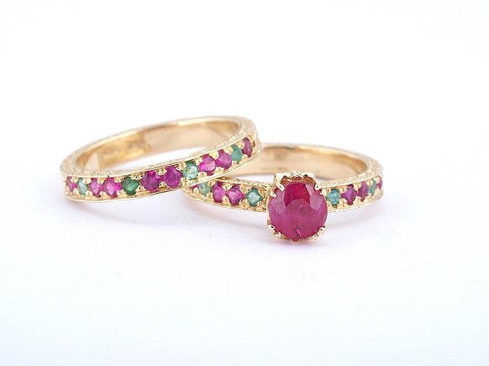 زفاف - 18K Gold Ruby Ring, Ruby Wedding Set, Emerald and Ruby Engagement Ring, Ruby Solitaire Ring, Unique Engagement Ring, July Birthstone Jewelry