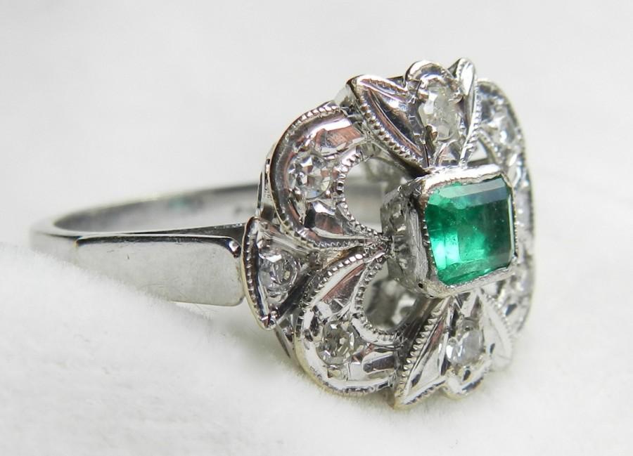 Wedding - Emerald Ring 18K White Gold Emerald Ring Columbian Emerald Ring Unique Art Deco Engagement Ring Diamond Emerald May Birthstone Antique