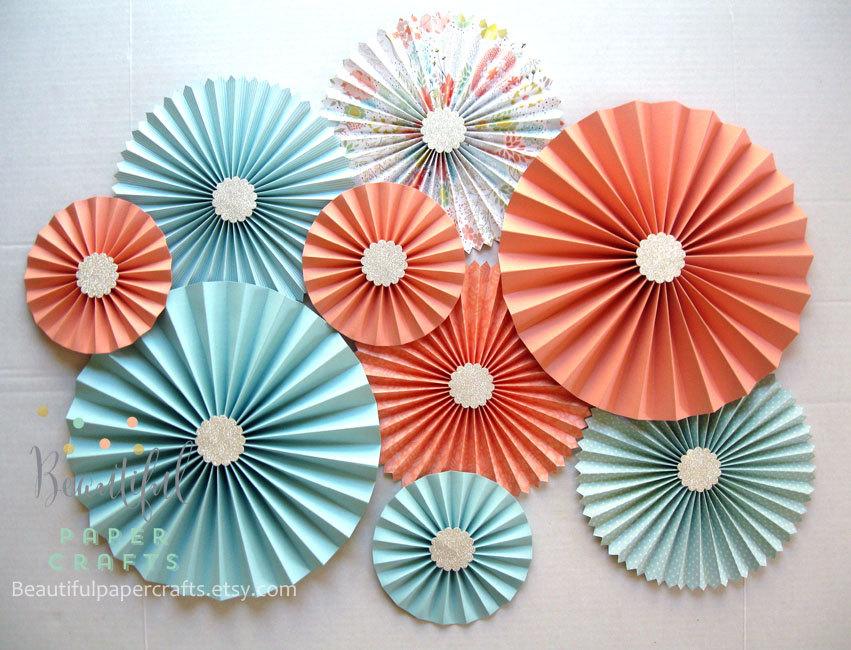 Hochzeit - 9 pc Aqua Light Coral Silver Rosettes, Paper Fans, Peach Wedding, Pinwheel Backdrop Decor/Paper Rosettes, Candy Buffet Decor