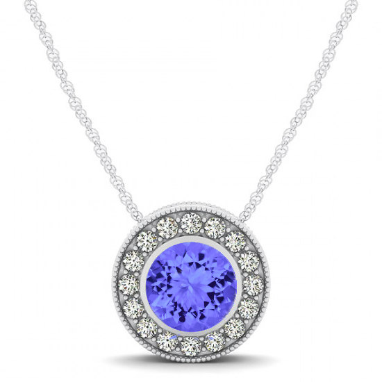 Wedding - Tanzanite & Diamond Halo Pendant Necklace 14k White Gold - Tanzanite Jewelry - Tanzanite Necklaces for Women - Anniversary Gifts for Her