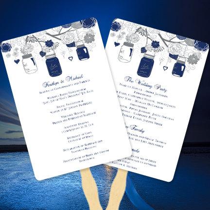 Mariage - Fan Wedding Programs "Rustic Mason Jars" Navy Blue and Gray Make Your Own Programs with Printable Word.doc Templates You Print