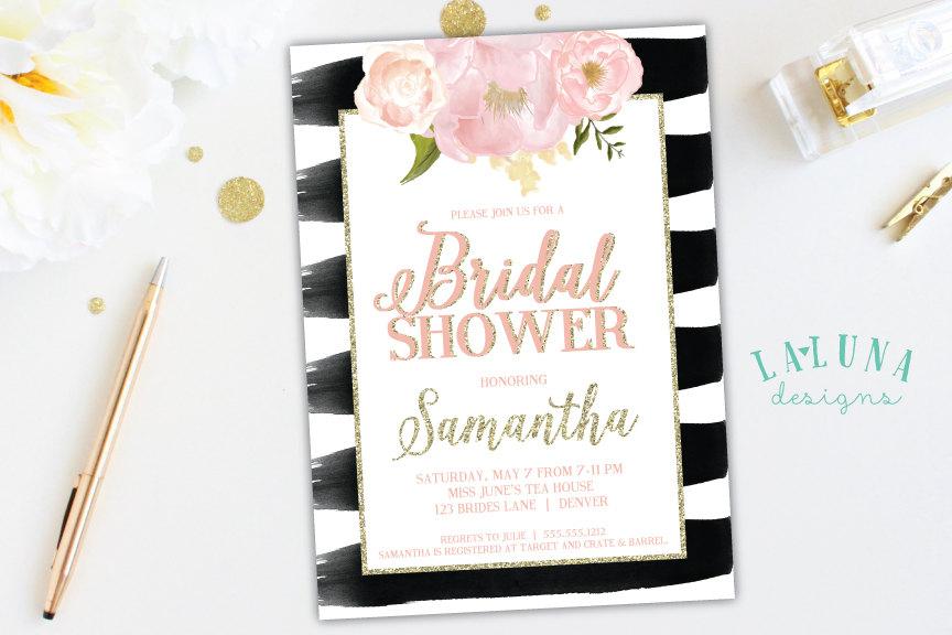 Hochzeit - Bridal Shower Invitation, Floral Black & White Stripe Bridal Shower Invite, Pink and Gold Glitter Bridal Shower, Printable