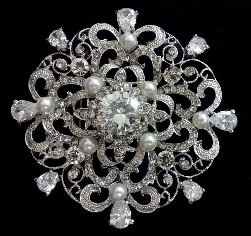 زفاف - Bridal Broach, Rhinestone Crystal Pearl Brooch, Flower Jewelry, Floral Dress Pin, CELLIA