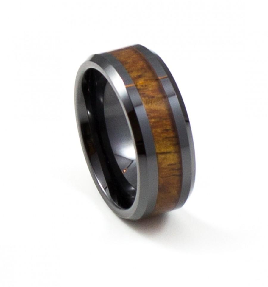 زفاف - Stylish Black Koa Wood Men's Wedding Band, 8MM, Men's Ring, Black Ceramic Ring, Comfort Fit, Hawaiian Koa Wood
