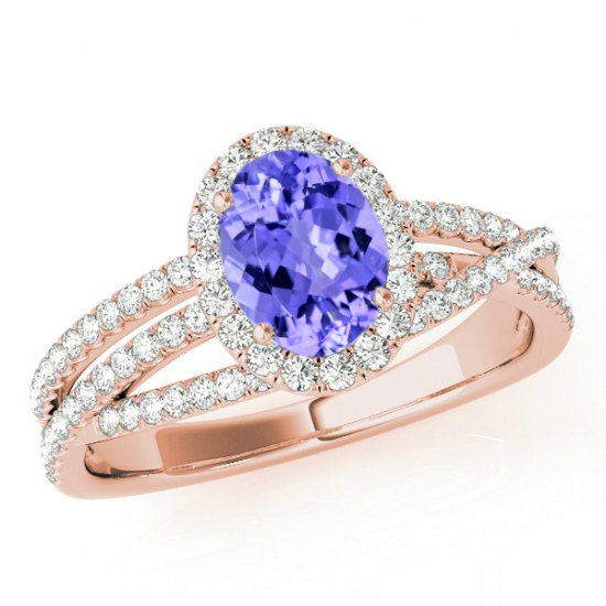 Wedding - 8x6mm Oval Tanzanite & Diamond Halo Engagement Ring 14k Rose Gold - Tanzanite Rings - Tanzanite Jewelry - Anniversary Ring - For Women