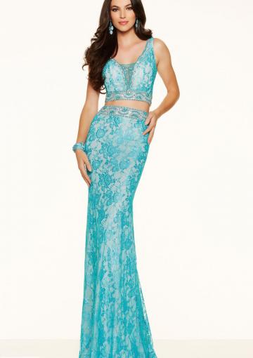 Свадьба - Sleeveless Blue White Sheath Straps Two-piece Lace Floor Length Ruched