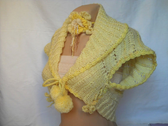 Mariage - SALE Hand Knitted VEST / Shrug Jacket Romantic Cardigan Elegant Bolero Gift Feminine Women Accessories Pompoms Outerwear Vests Capes Crochet
