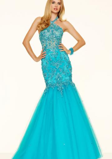 Mariage - Halter Beading Black Blue Appliques Tulle Floor Length Mermaid Lace Up