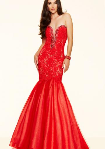 Mariage - Appliques Tulle Sleeveless Mermaid Lace Up Red White Floor Length Sweetheart